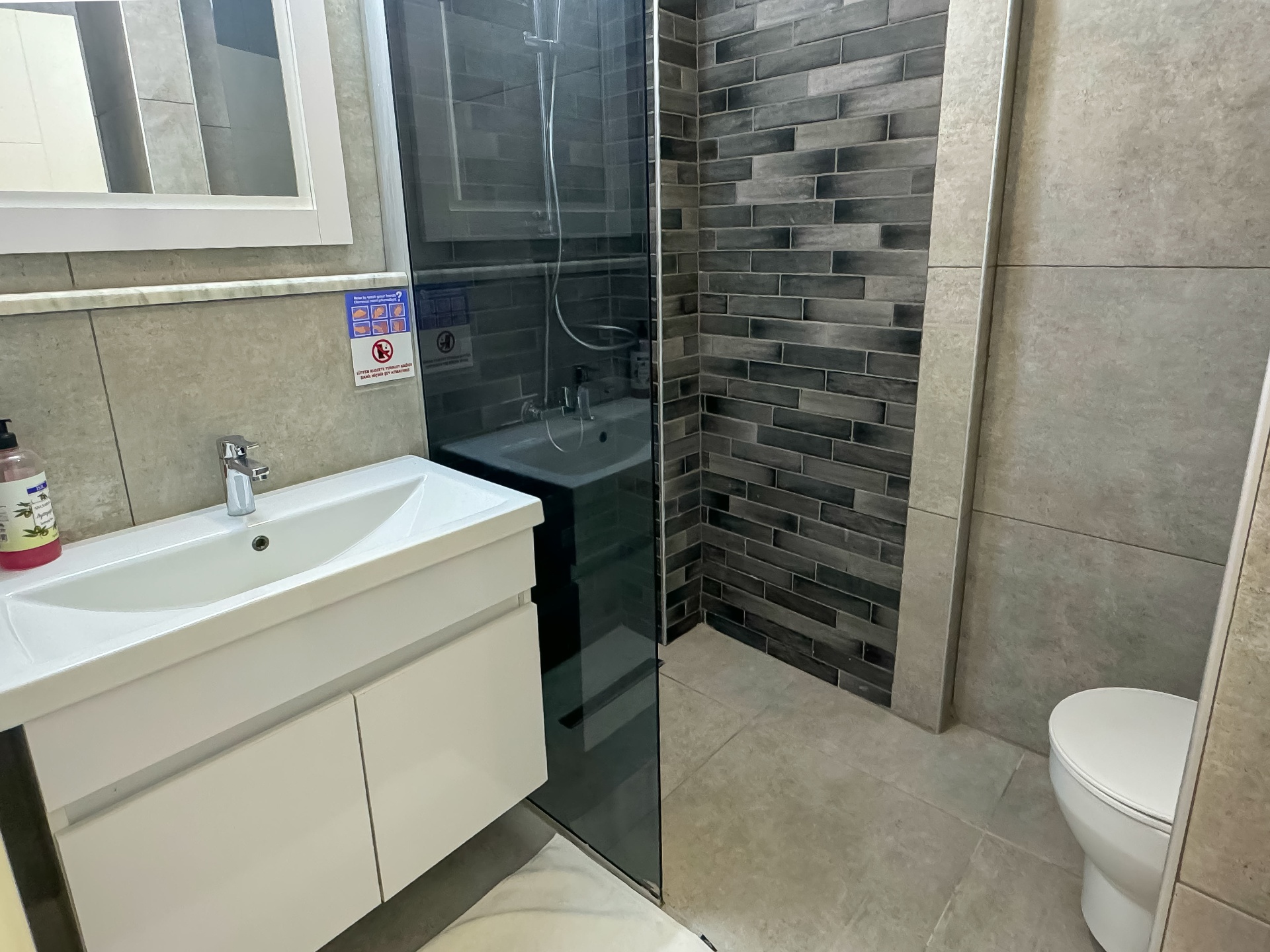 Second bathroom with walk-in shower and dark feature tiles