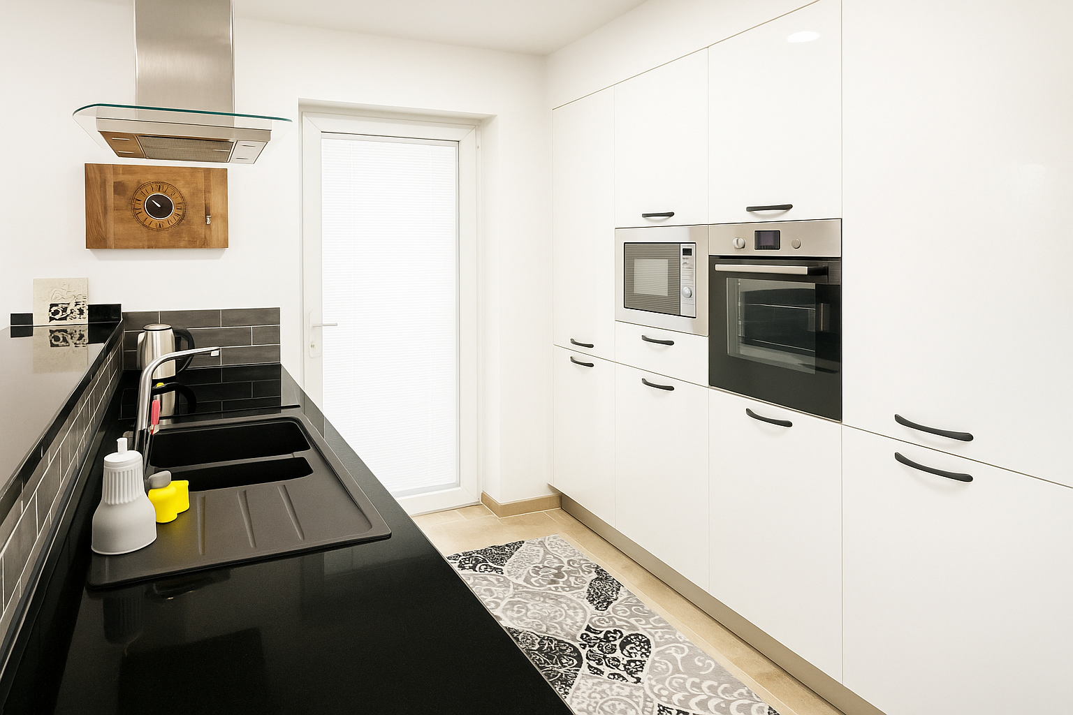 Modern galley kitchen with white cabinetry, dark stone counters and built-in oven