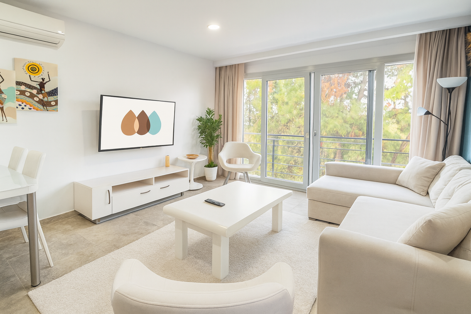 Bright living room with wall-mounted TV, sectional sofa and pine forest view