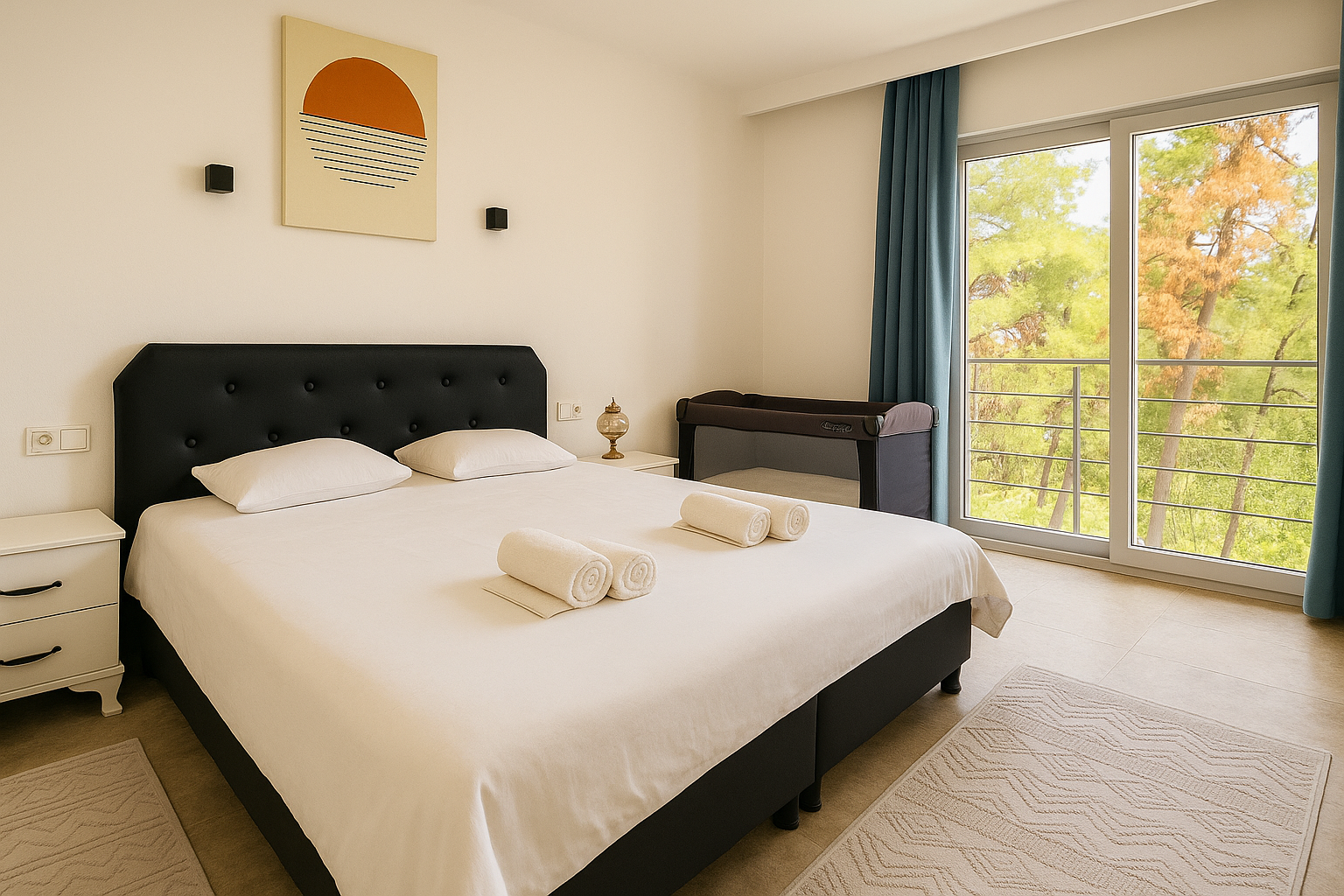 Master bedroom with king bed, baby cot and balcony doors framing the pine forest