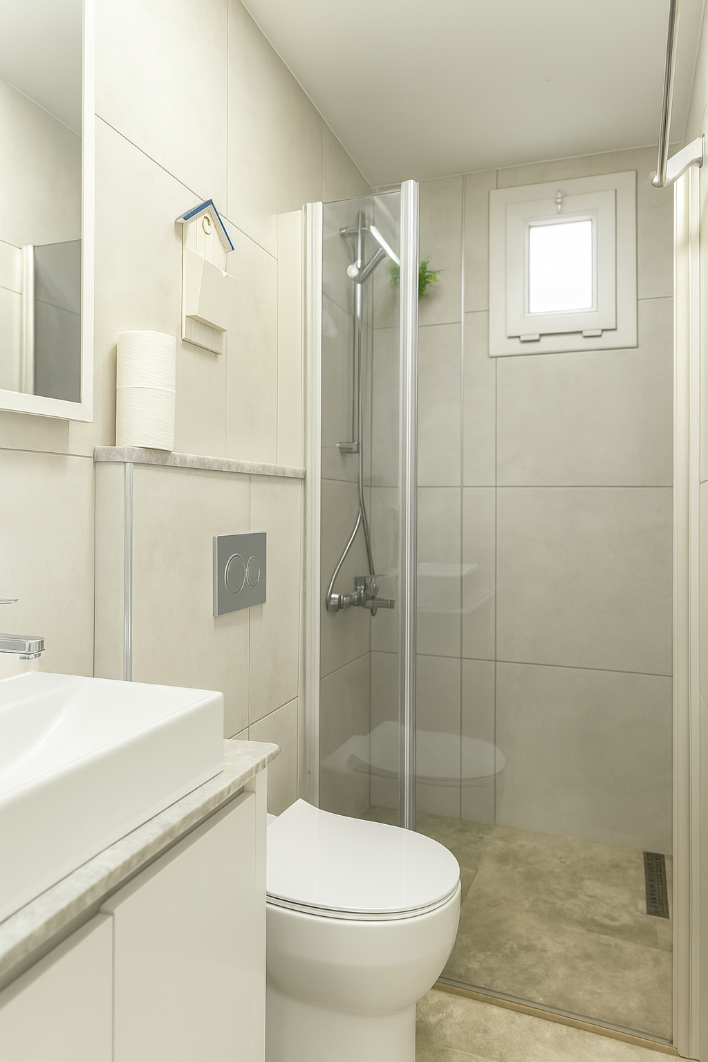 Second bathroom with glass shower enclosure and natural light
